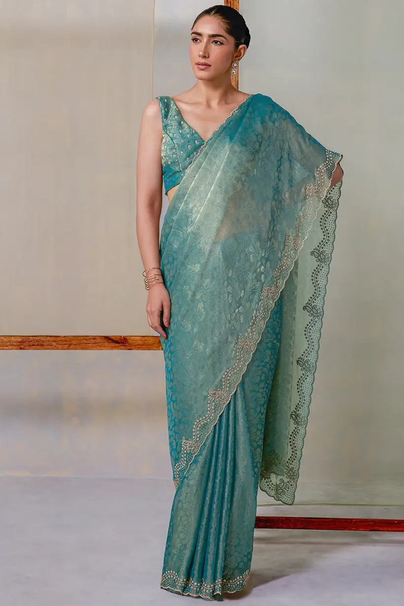 Teal Blue Fendi Chiffon Woven Design Saree With Stone Work